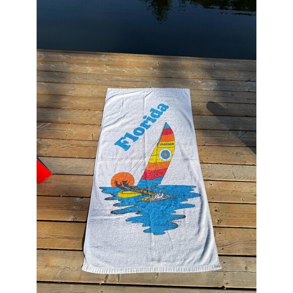90s vintage Florida sailboat graphic retro travel souvenir cotton beach towel - Picture 2 of 5
